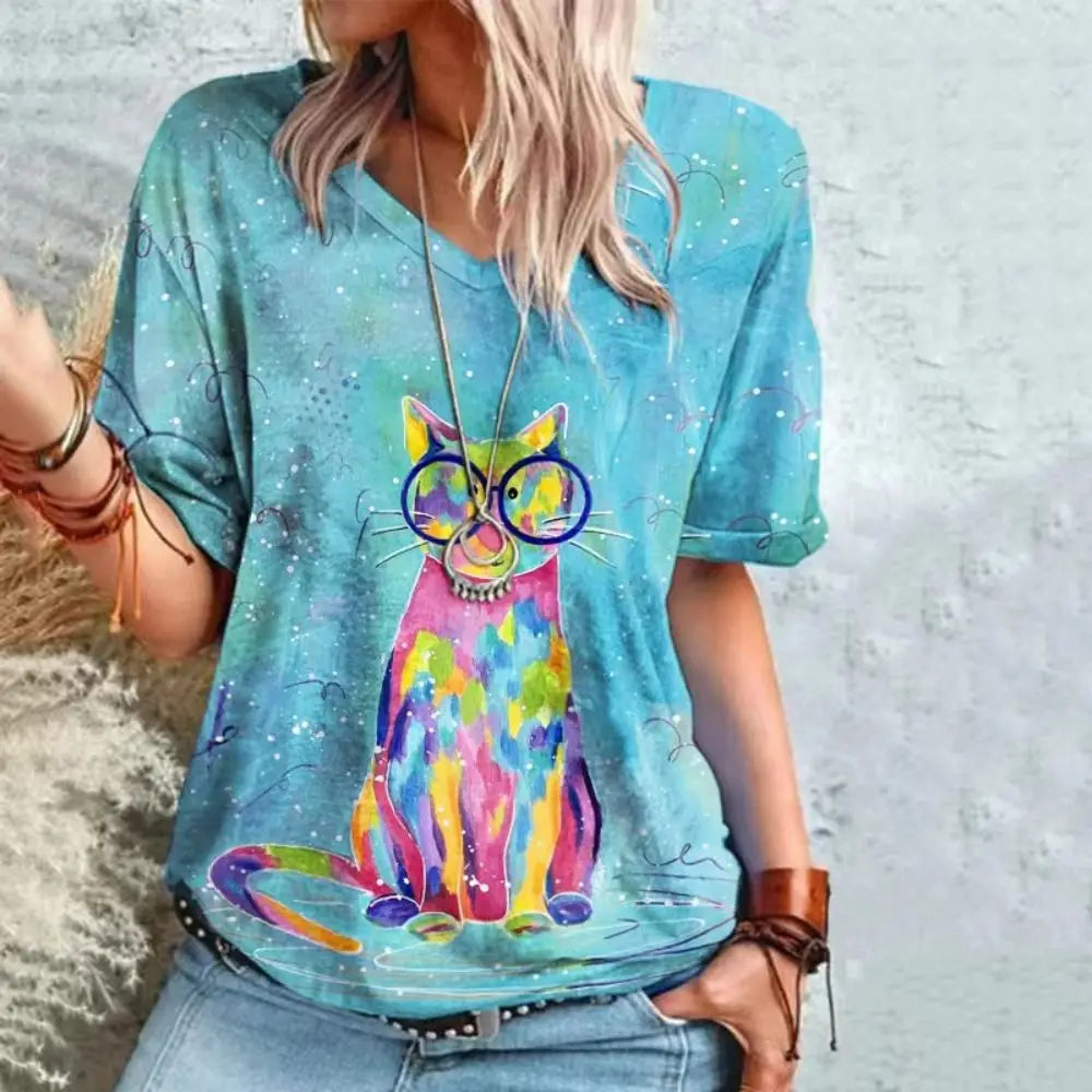 Cat Printed V-Neck T-Shirt