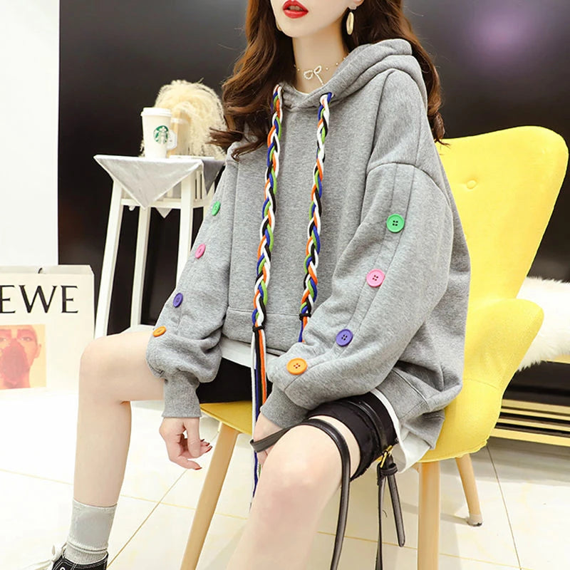 Button Designed Hooded Sweatshirt