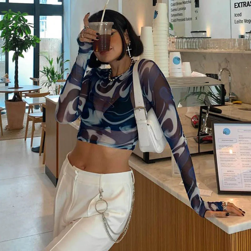Y2K Sheer Printed Crop Top