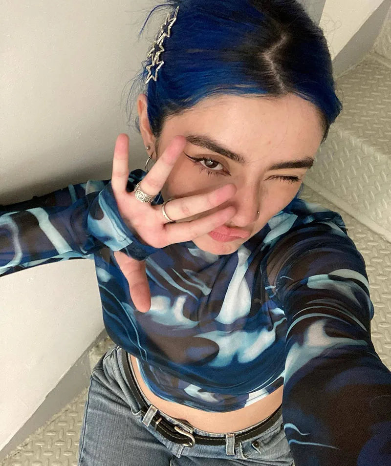 Y2K Sheer Printed Crop Top