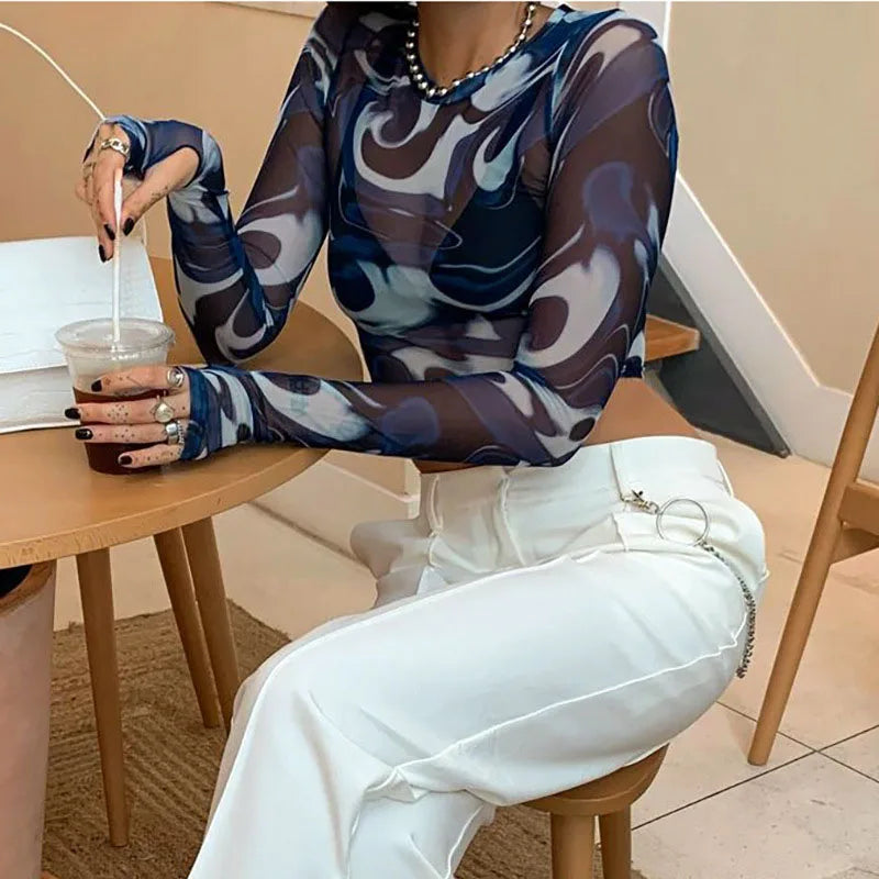 Y2K Sheer Printed Crop Top
