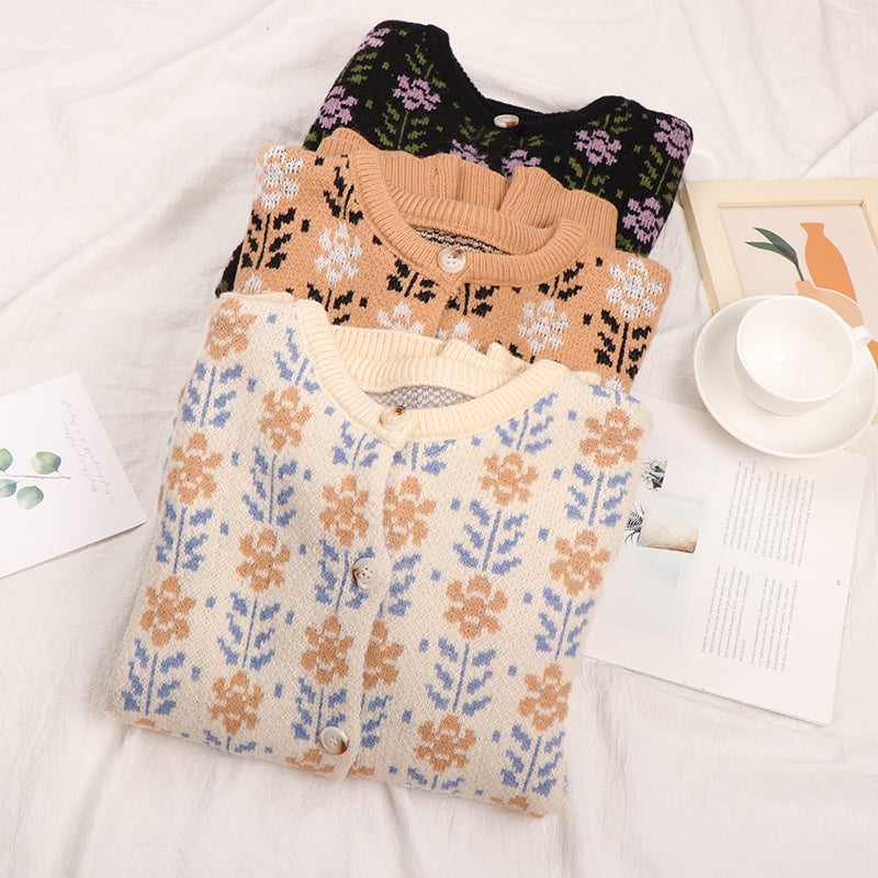 Cozy O-Neck Floral Cardigan